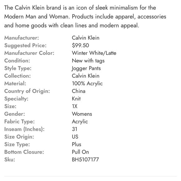 NWT Calvin Klein Joggers Plus Size Knit Pants Cream/Gray/Tan Women’s Size 3X $99 - Picture 5 of 5